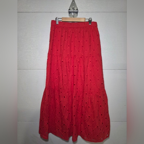 A New Day Red Eyelet Tiered Maxi Skirt with Drawstring - Picture 3 of 4